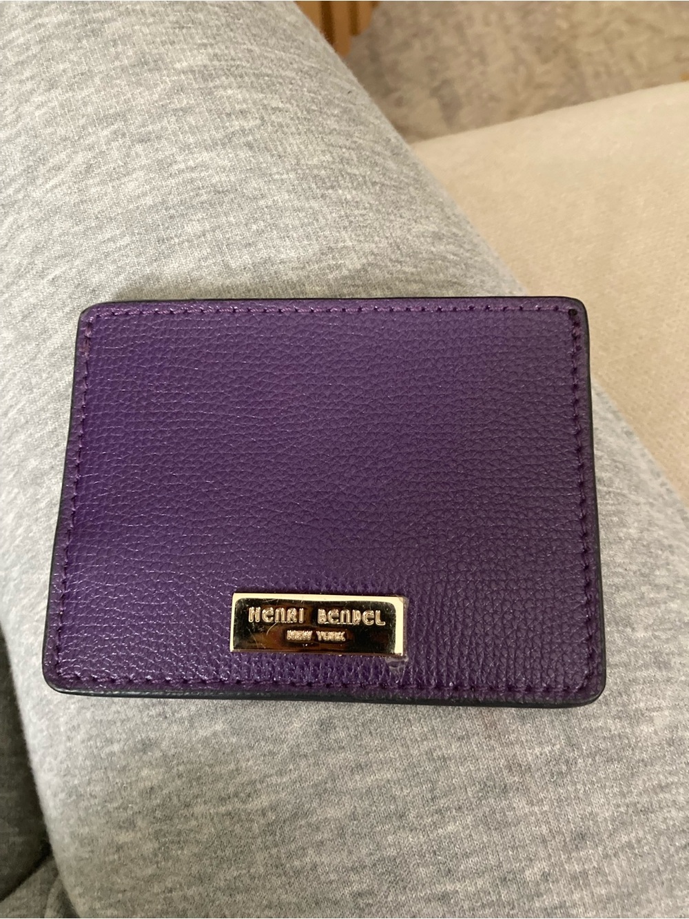 henri bendel Deep Purple Leather Card Holder with Gold Plaque